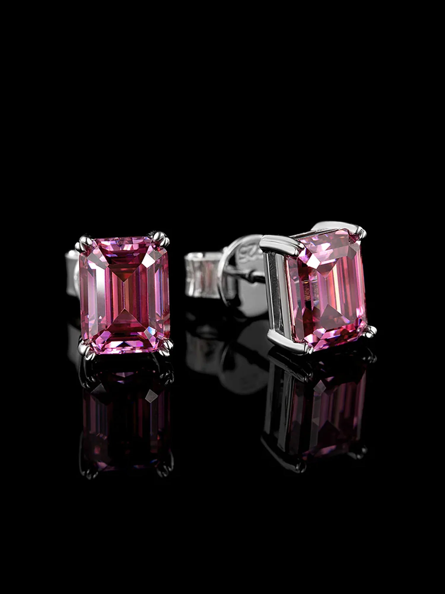 S925 Pink Moissanite Emerald Cut  Stud Earrings-4.00 Carat Total - Image 2