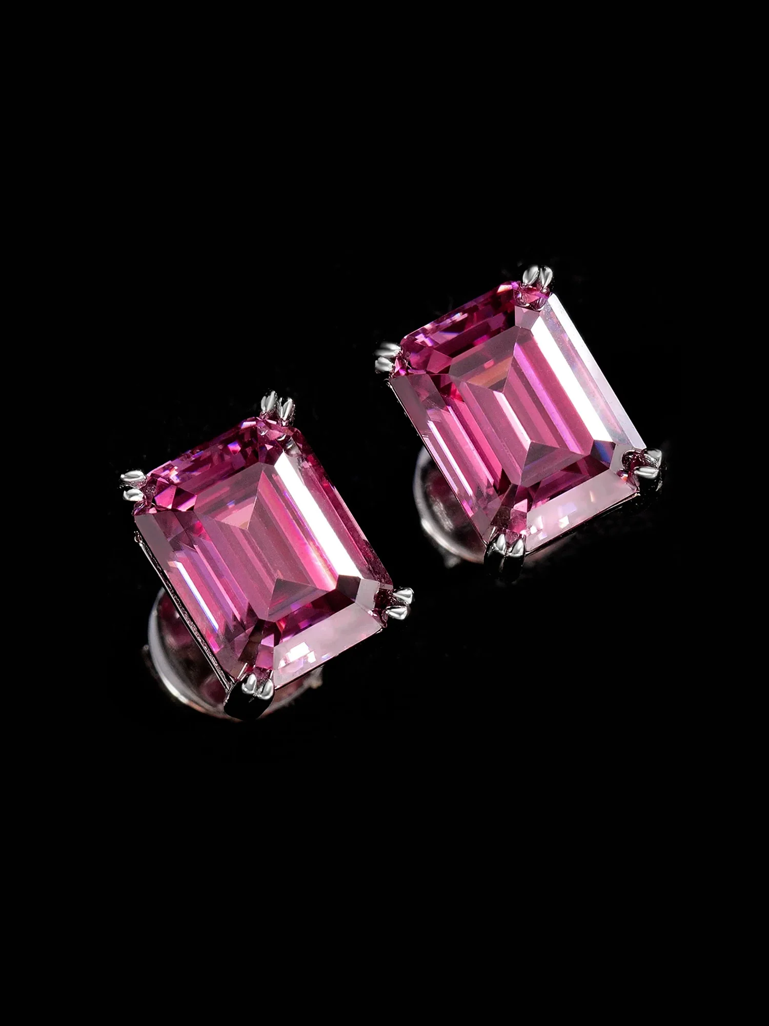S925 Pink Moissanite Emerald Cut  Stud Earrings-4.00 Carat Total - Image 3