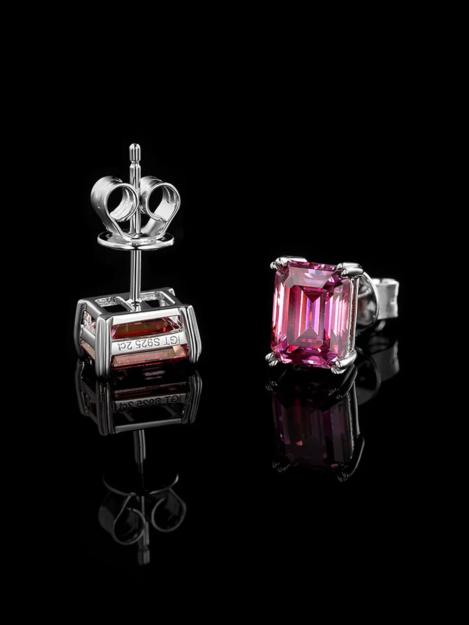 S925 Pink Moissanite Emerald Cut  Stud Earrings-4.00 Carat Total - Image 4