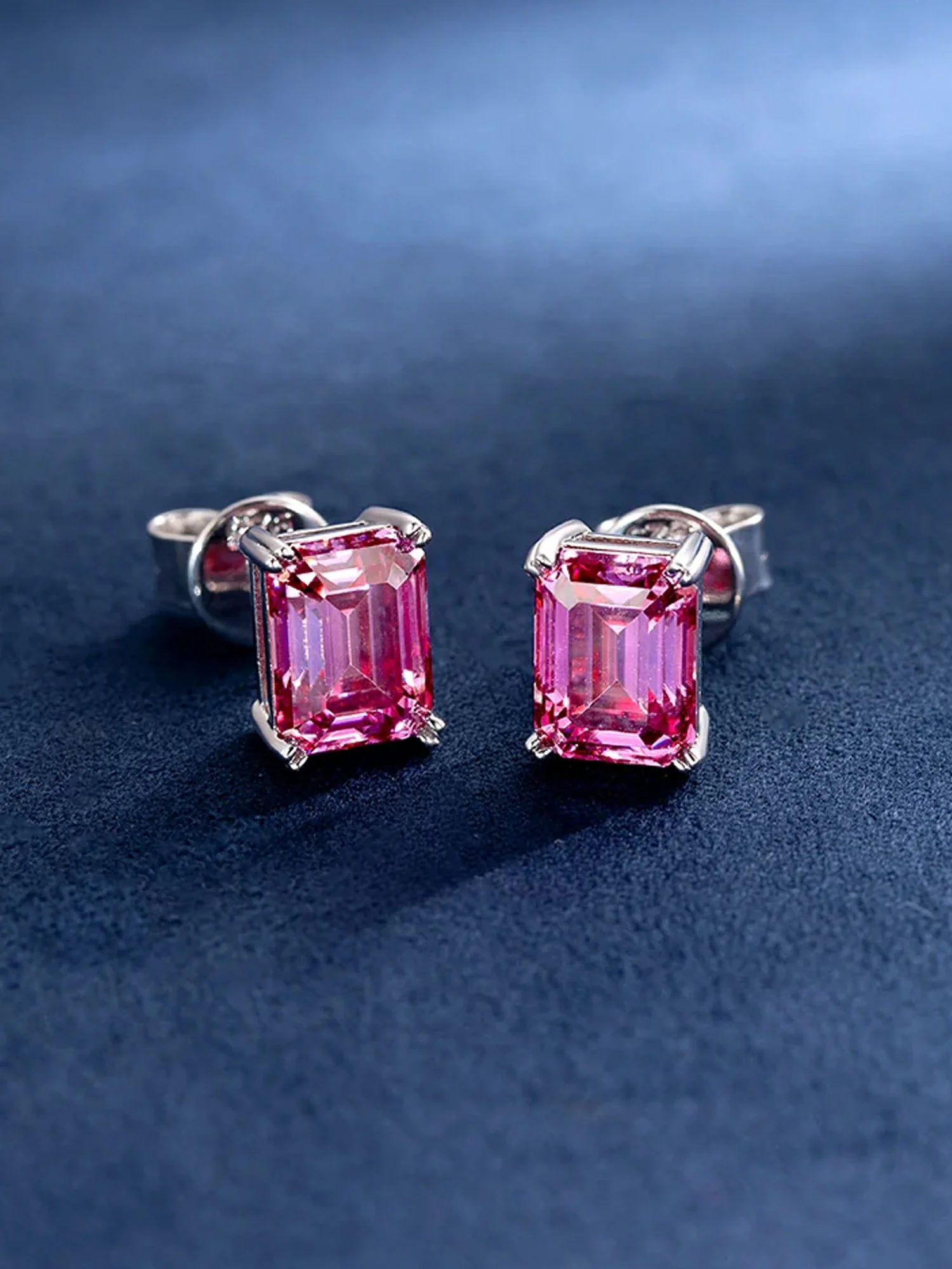 S925 Pink Moissanite Emerald Cut  Stud Earrings-4.00 Carat Total - Image 5