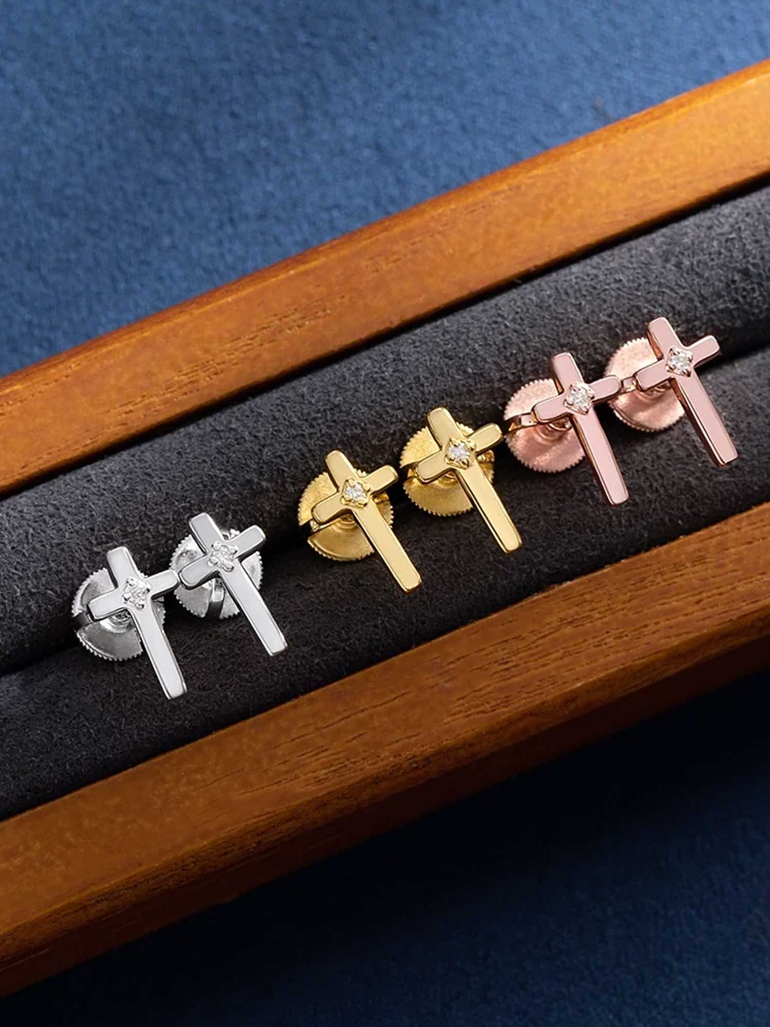 Solid Gold Accent Cross Stud Earrings - Image 6