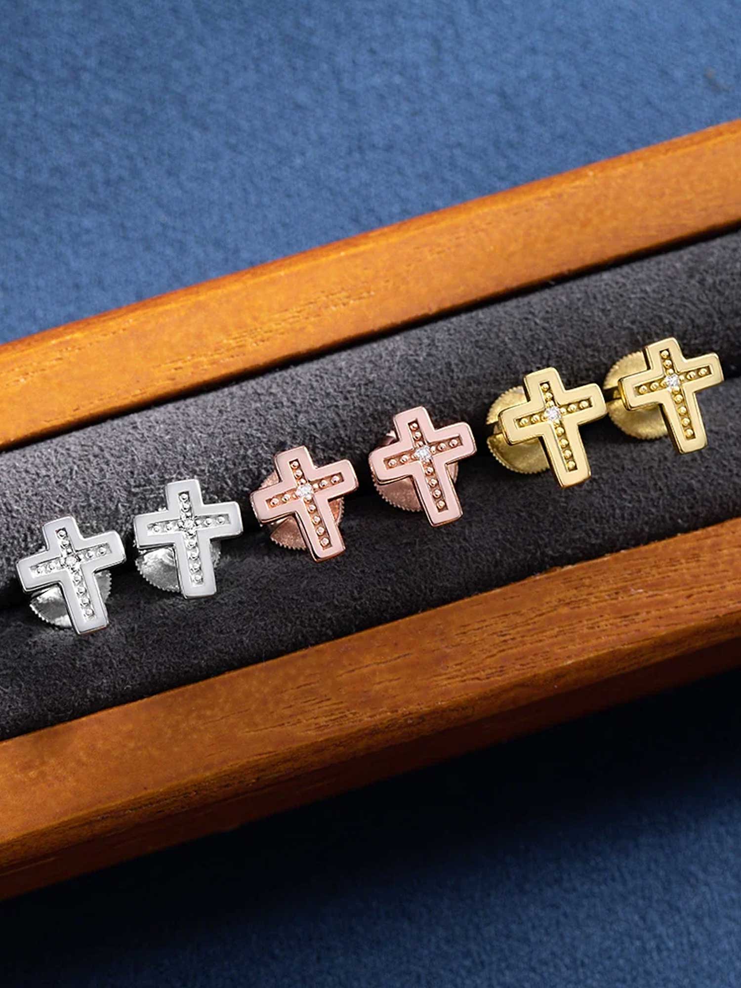 Solid Gold Tiny Cross Stud Earrings - Image 7