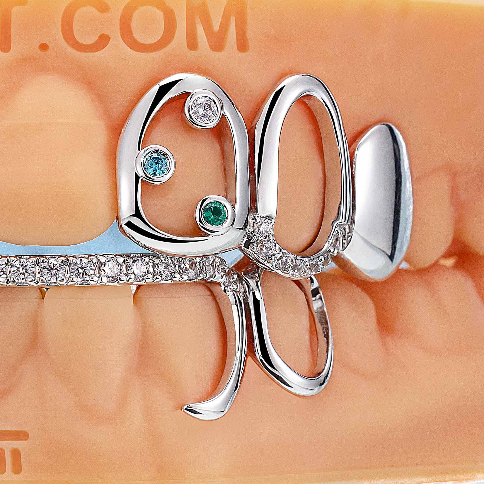 Top Open Face W Bottom Diamond Bar Grillz - Image 2