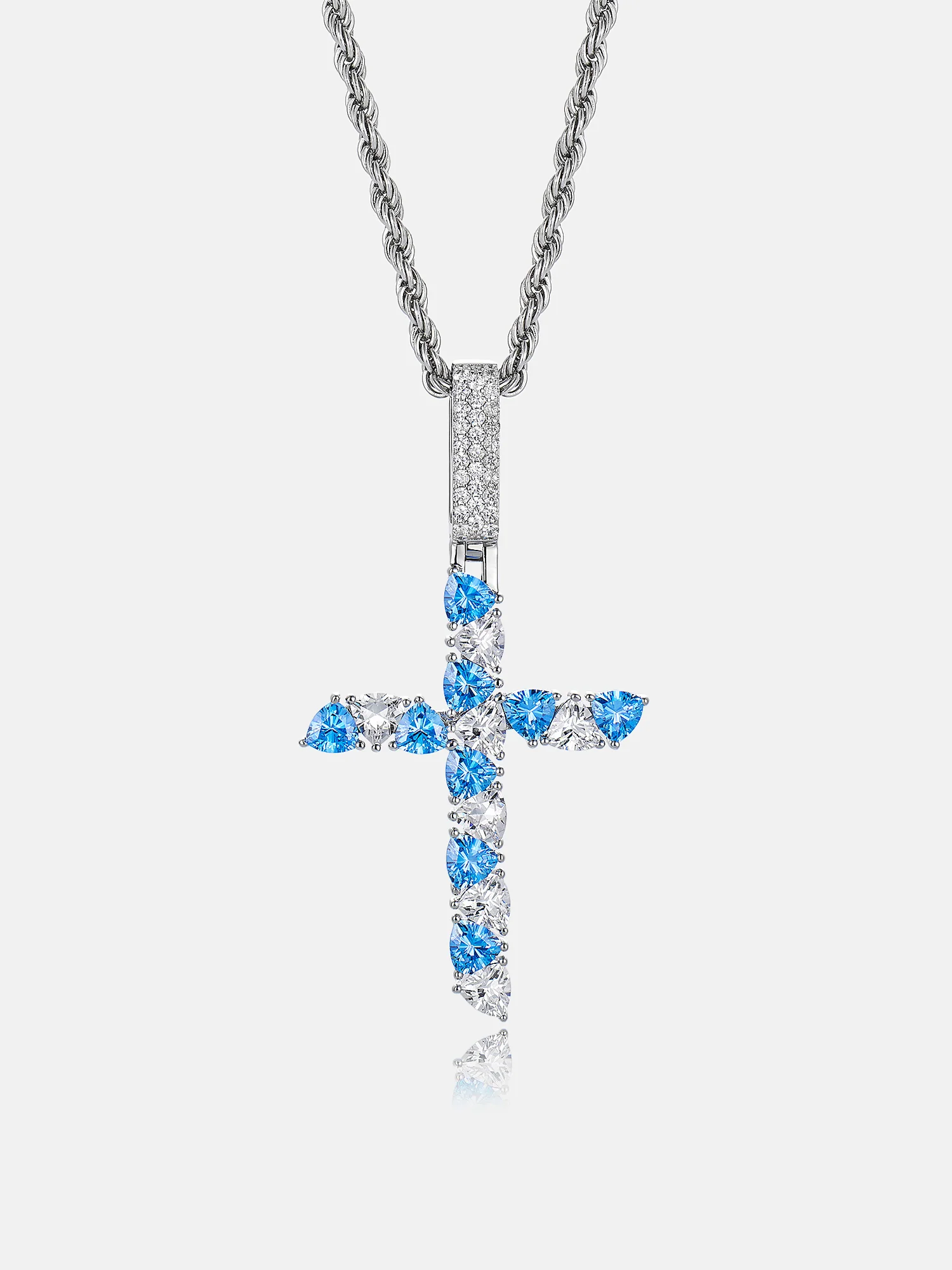 Trillion Cut Moissanite & Blue Gem Cross Pendant