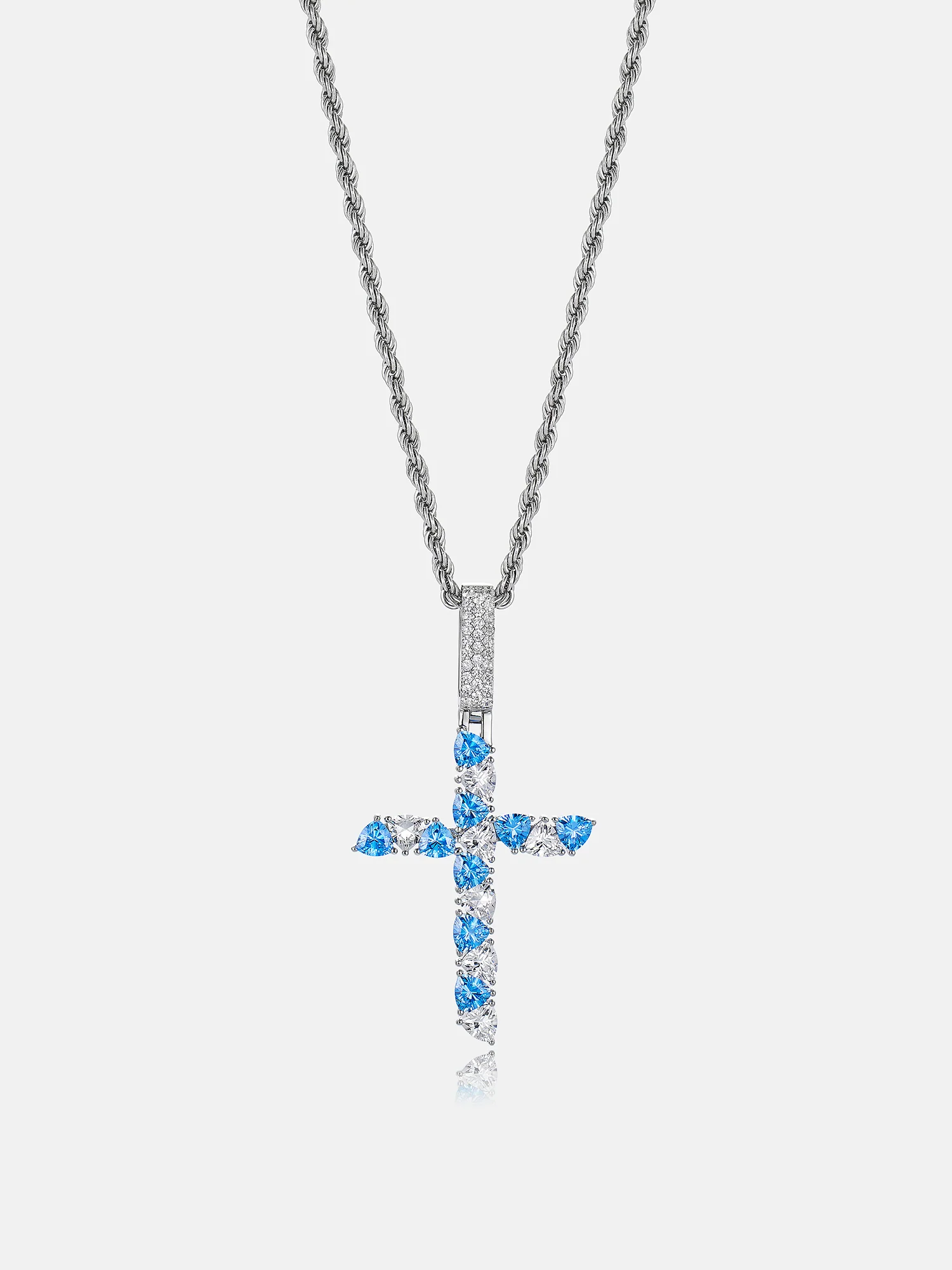 Trillion Cut Moissanite & Blue Gem Cross Pendant - Image 6