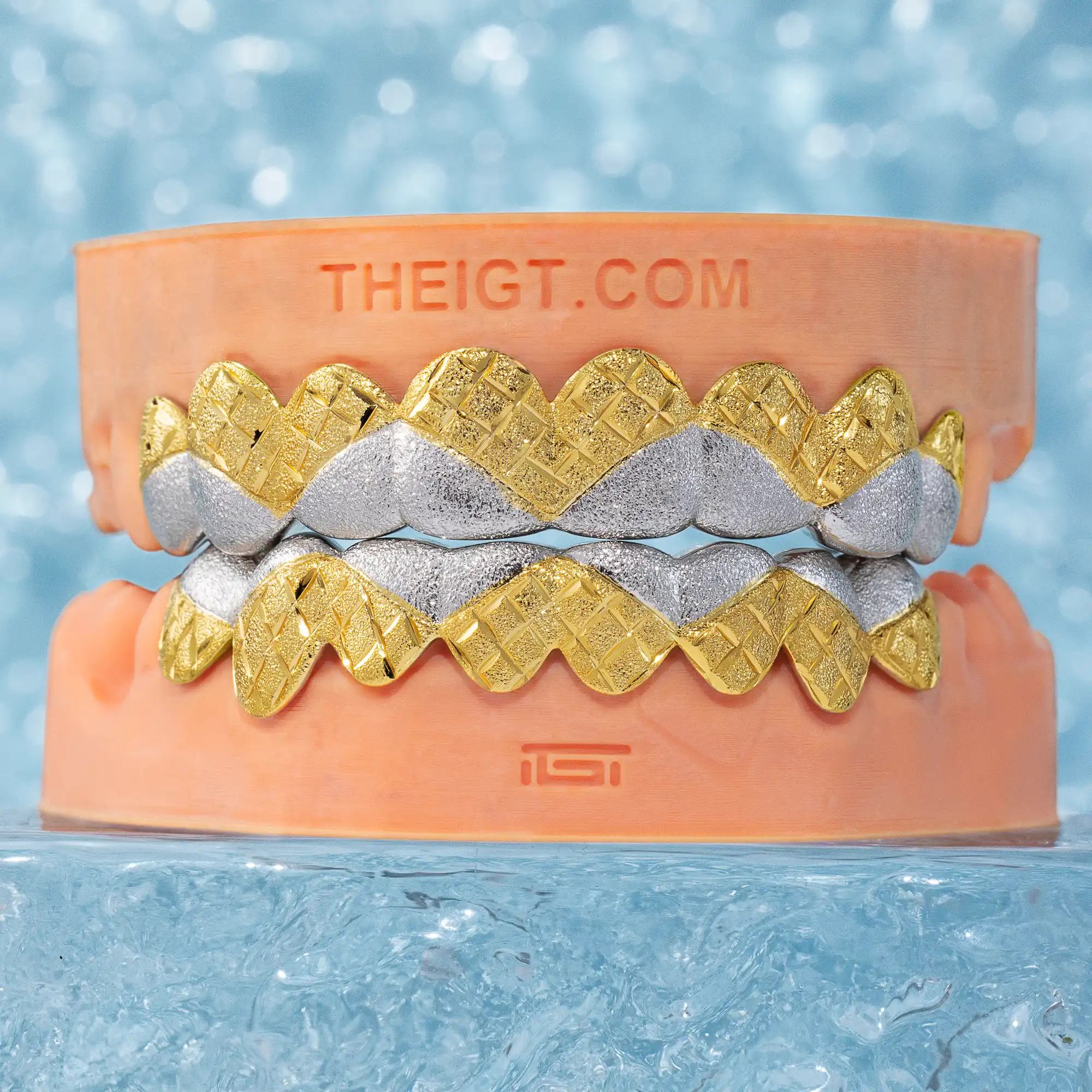 Two Tone Diamond Cut With Diamond Dust Wave Grillz