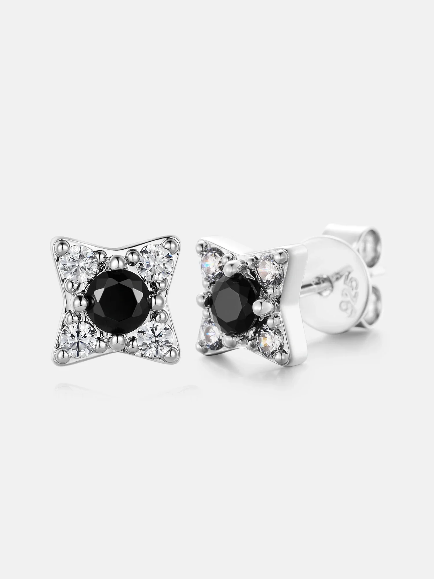 White & Black Moissanite Four Pointed Star Stud Earrings - Image 2