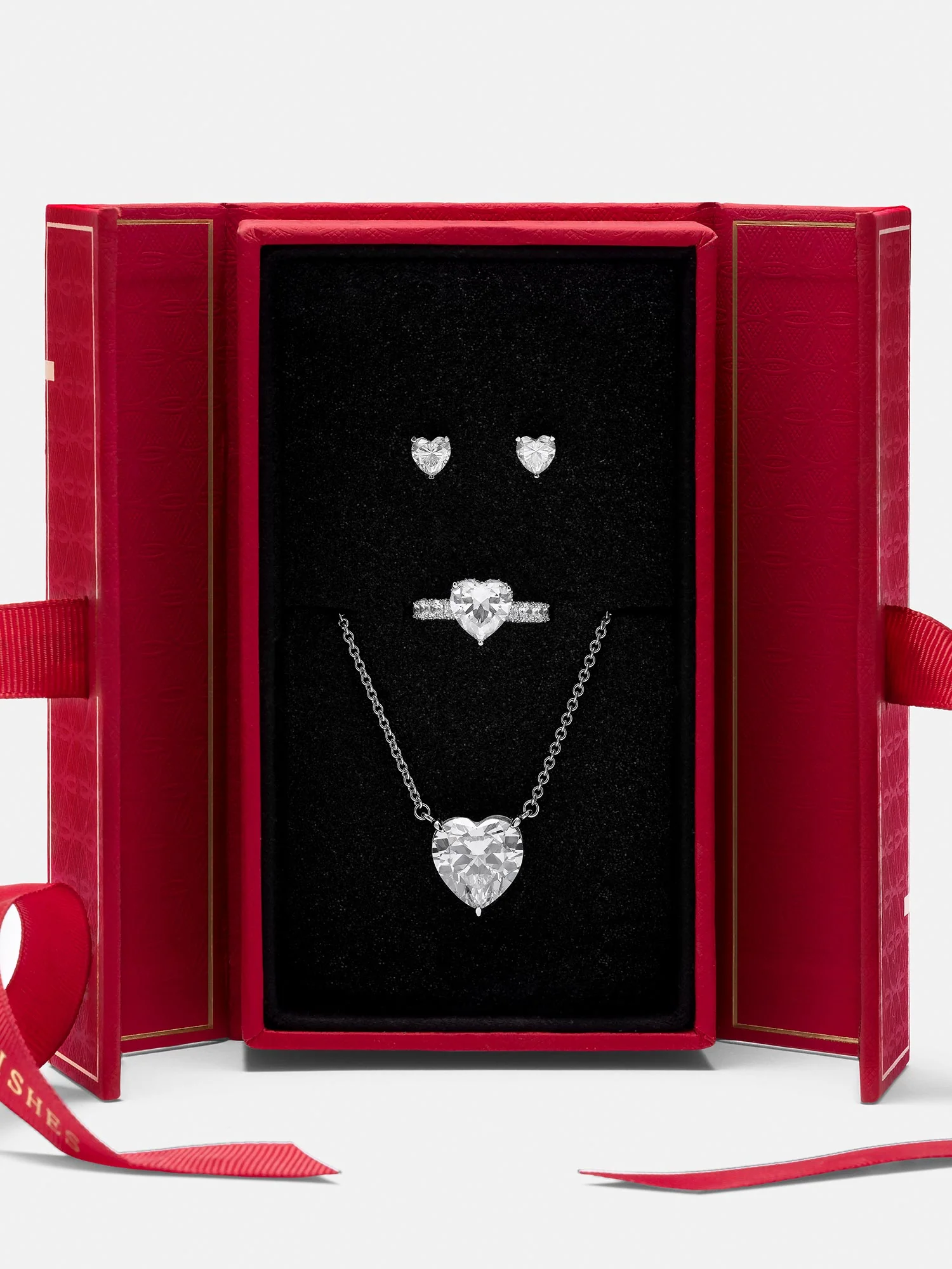 White Heart Moissanite Jewelry Trio & Red Ribbon Box (4-Piece Set)