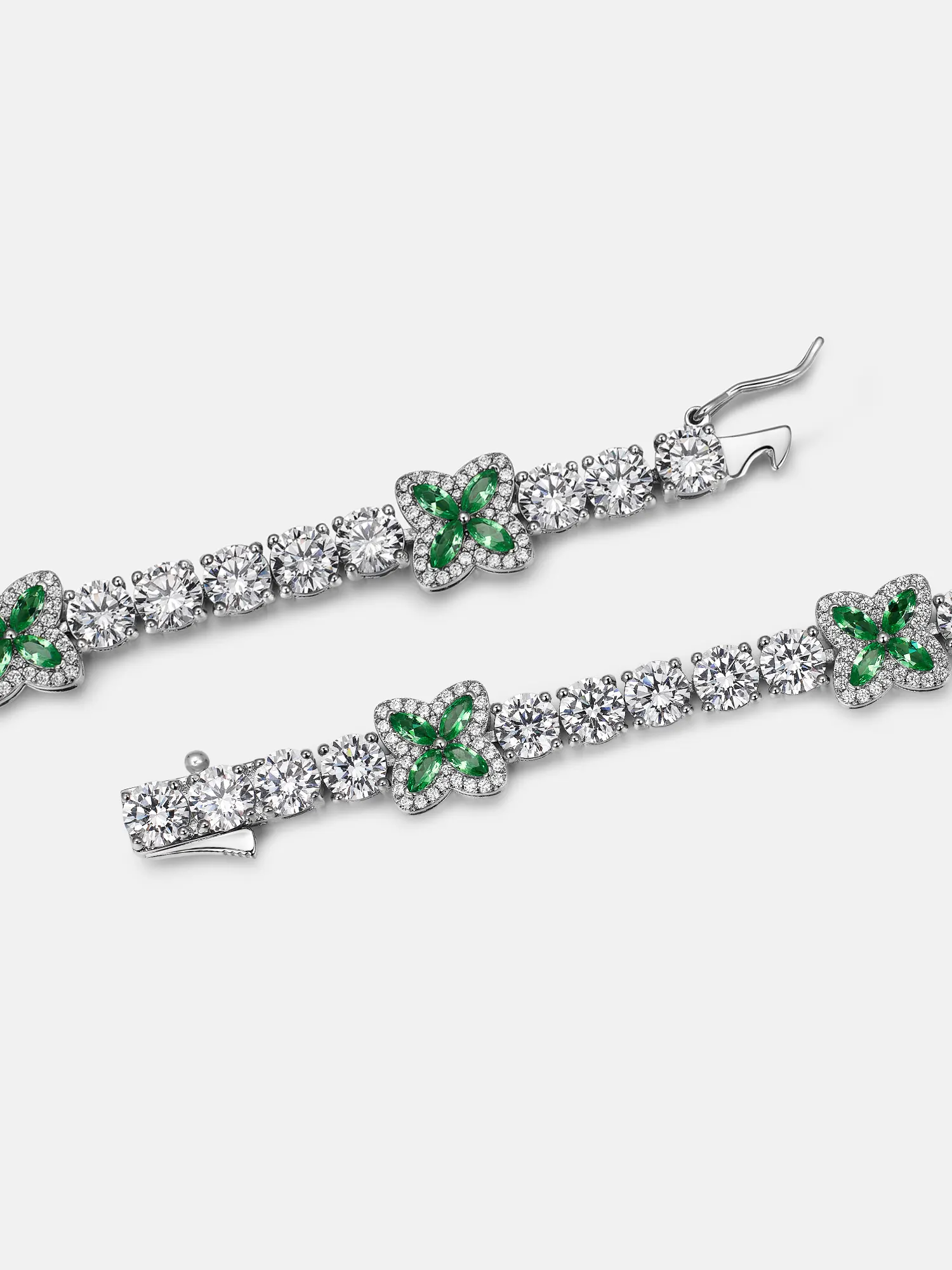 White Moissanite Green Marquise Gem Clover Tennis Bracelet - Image 2